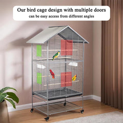Bird cage for Medium to Large-sized birds, Durable house-roof design bird cage with Wooden perches, Feeding cups, Slide-out tray, Storage shelf, and Universal wheels 167 cm (Grey)