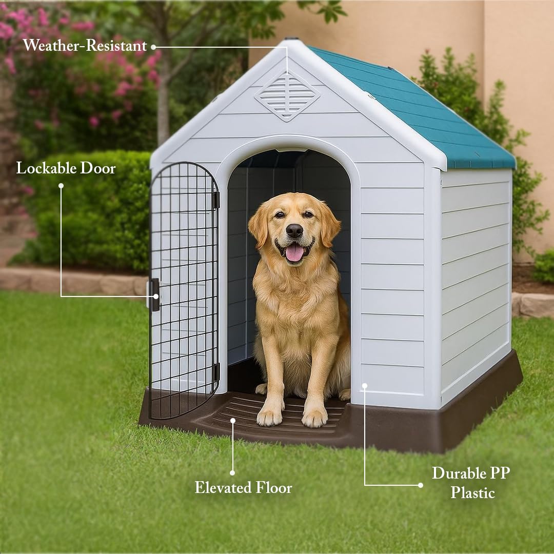 Dog House Outdoor | Plastic Durable Weatherproof Designed Dog Home for Medium to Large Dogs | All-Season Shelter with Air Vents, Lockable Door & Elevated Floor, Easy To Assemble (Blue,100cm)