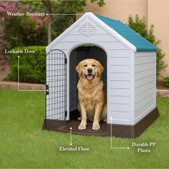 Dog House Outdoor | Plastic Durable Weatherproof Designed Dog Home for Medium to Large Dogs | All-Season Shelter with Air Vents, Lockable Door & Elevated Floor, Easy To Assemble (Blue,100cm)