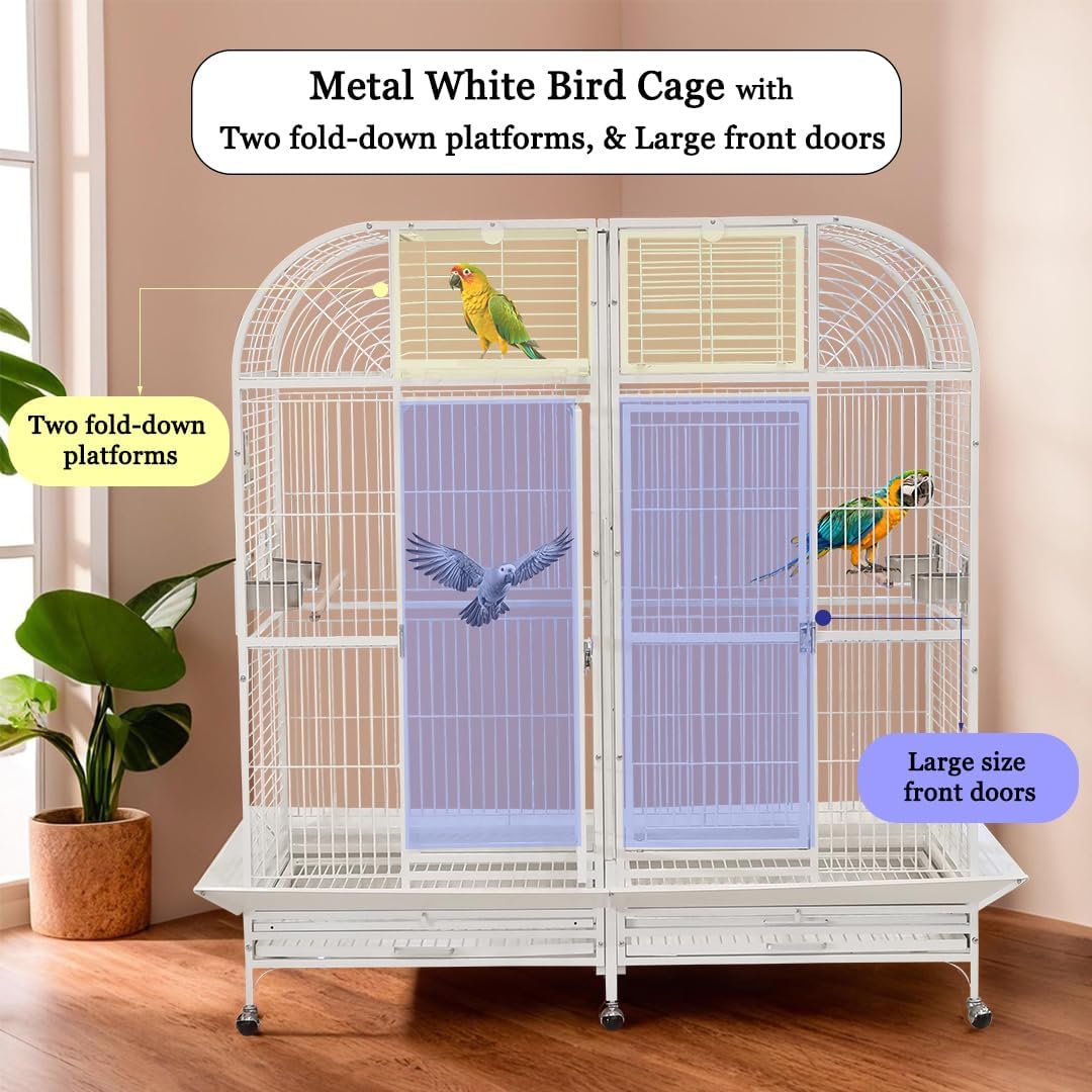 Extra large bird cage for Parrots, Macaws, and Other large birds, Heavy-duty Partition cage with Wooden perches, Feeding cups, Lockable door, Removable tray, and Universal wheels 180 cm (White)