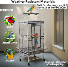 Large parrot cage with Stand, Stainless steel, and Feeding bowl with doors, 153 cm Top play bird cage for Macaw, Cockatoo, and medium to large birds, Indoor-outdoor use, Tray and Wheels (Grey)