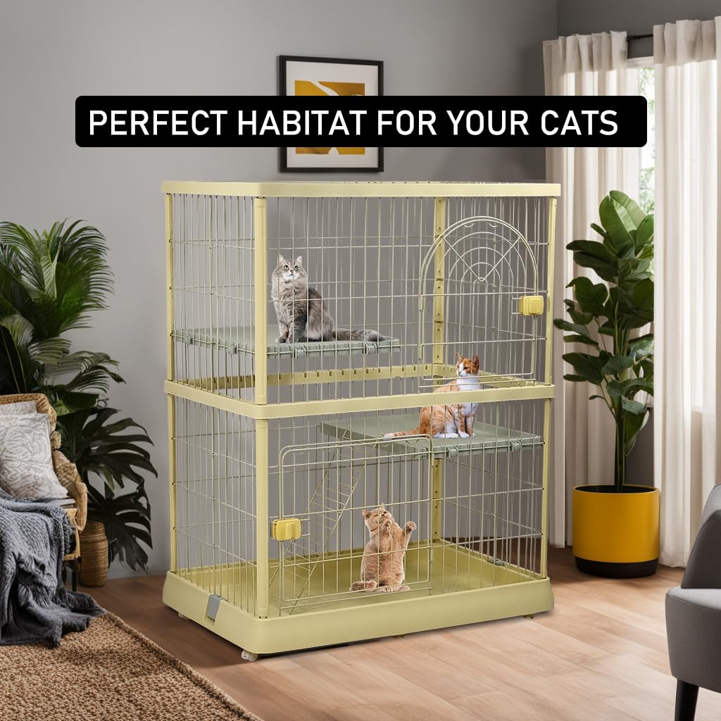 Cat cage for indoor & outdoor, Durable 2-tier metal wire cat cage with 2 lockable doors, Wide platforms, Climbing ladder, and Universal wheels, Suitable for Multi-cat household 120 cm (Yellow)