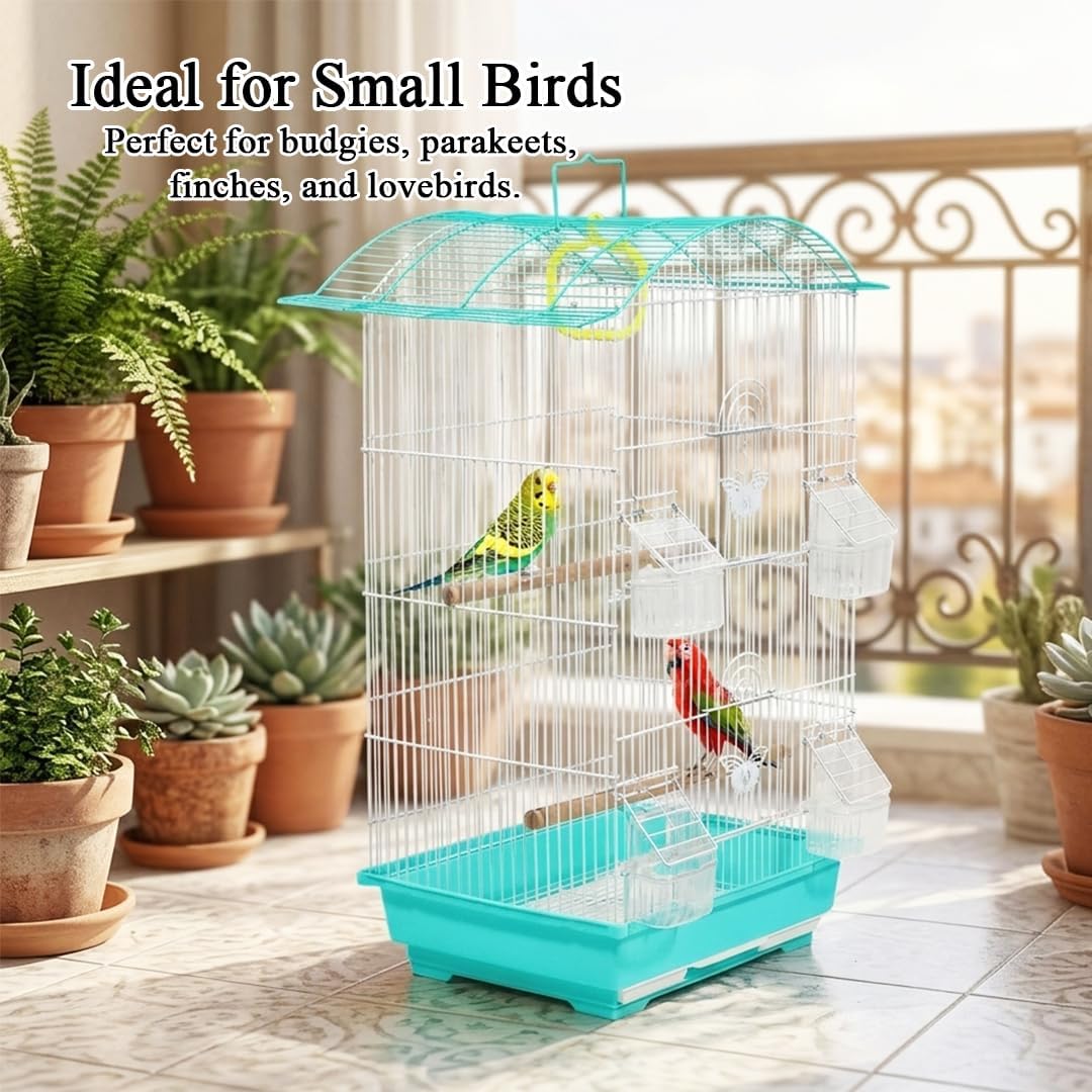 Small Bird Cage with Perches, Feeders and Swing, Ideal for Parakeets, Lovebirds, and Small Parrots, 62 cm Metal Cage with Hanging, Pull-out Tray, Portable, Durable and Top-Roof Design (Cyan)