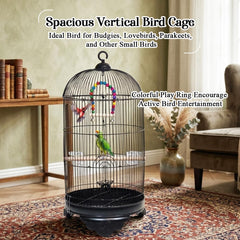 Metal Bird Cage with Durable, Hanging Hook, Feeders and Play Toy, 70 cm Spacious Indoor Bird House For Parrots, Budgies and Small Birds, Portable and Easy to Carry for Outdoor Activity (Black)