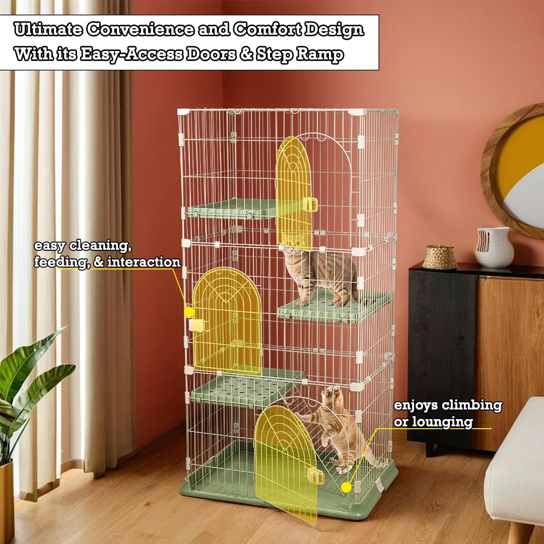 NNC PETS 3-Tier Cat Cage Playpen Kennel with Metal Wire - 162cm Large Cat Crate House - 3-lockable Doors, Wide Platforms, Climbing Ladder & Leak-Proof Base - Easy to Assemble (Green, Large)
