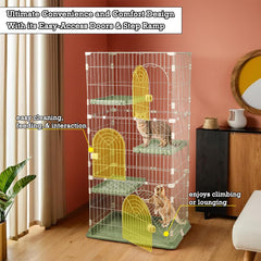 NNC PETS 3-Tier Cat Cage Playpen Kennel with Metal Wire - 162cm Large Cat Crate House - 3-lockable Doors, Wide Platforms, Climbing Ladder & Leak-Proof Base - Easy to Assemble (Green, Large)
