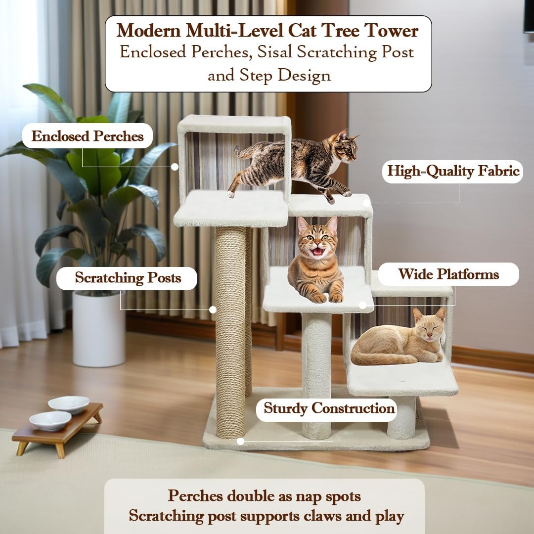 Cat tree with Step design, Soft plush cover, Cat condo and Scratching posts, 96 cm Multi-level cat tower for Indoor cats, Cat climbing furniture and Space saving cat tree (Beige)