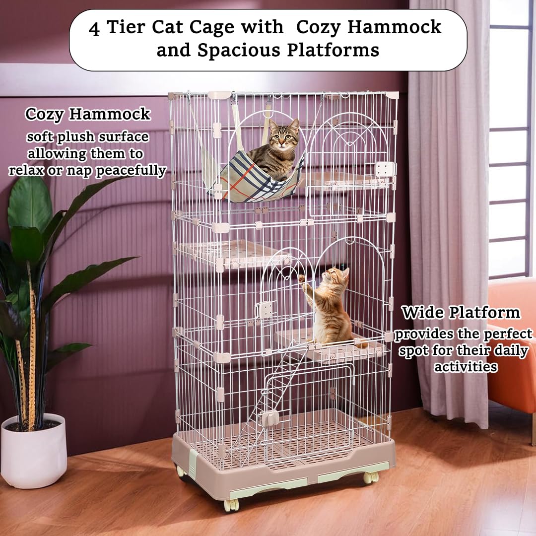 NNC PETS 3-Tier Cat Cage Indoor- Large Metal Wire Cat Crate Kennel with 3 Lockable Doors - Cozy Hammock, Climbing Ladder - Drawer Tray & Universal wheels, Easy Assembly, 145 cm  (Pink, Large)