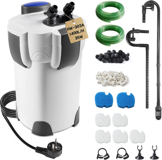 Outdoor Aquarium Filter 1000L/H 18W Adjustable External Aquarium Pump with Filter Material, Silent Fish Pond Filter with 3 Filtration Steps for Tank up to 300 L HW-302