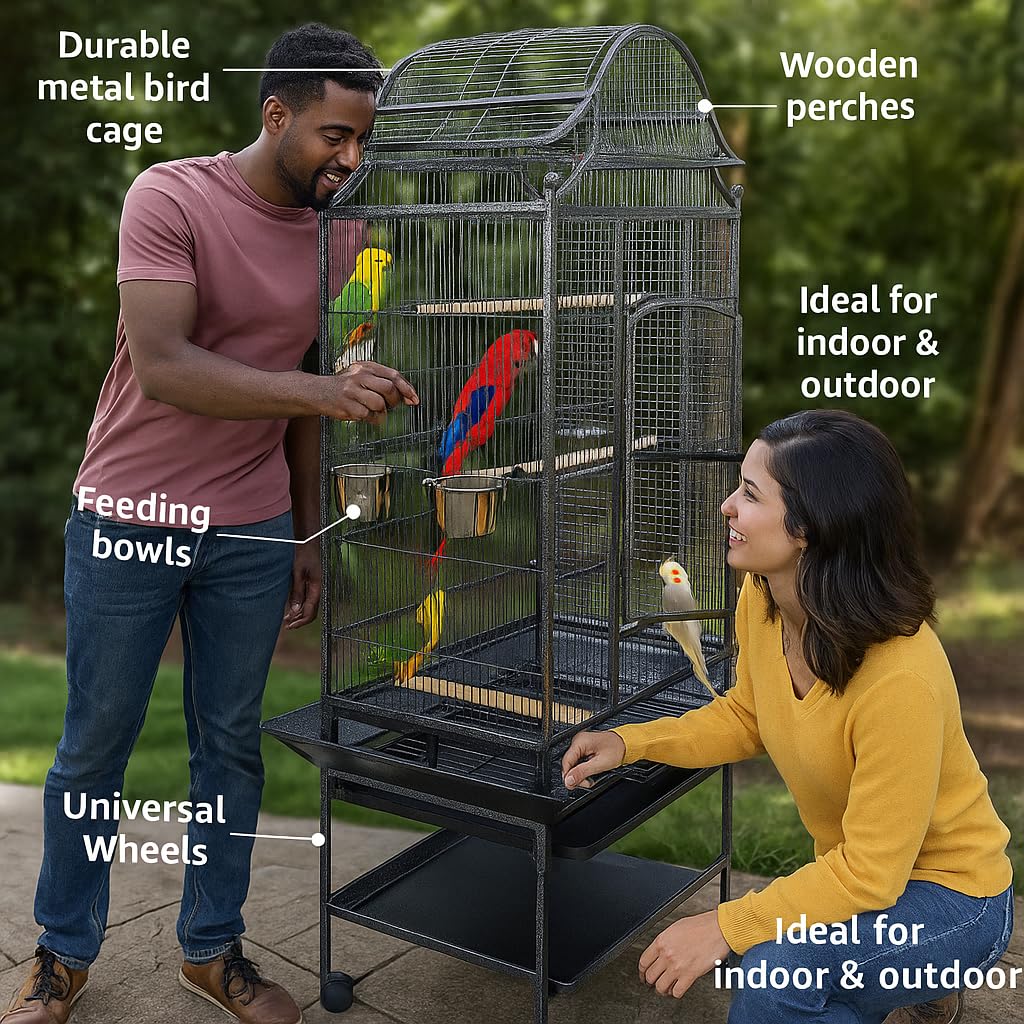 Large Bird Cage for Parrots, Macaws & Other Birds - 180cm Durable Metal Cage with Wooden Perches, Feeding Bowls, Removable Tray & Universal Wheels - Ideal for Indoor & Outdoor (Pitch Black, Large)