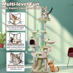 Cat Tree for Big Cats with Top Soft Plush | Cat Tower with Paw Shape Perch & Hammock, Multi-level Cat Tower with Cozy Condo | Fun Ladder & Scratching Posts | Indoor Cat House (Beige, 150 cm)