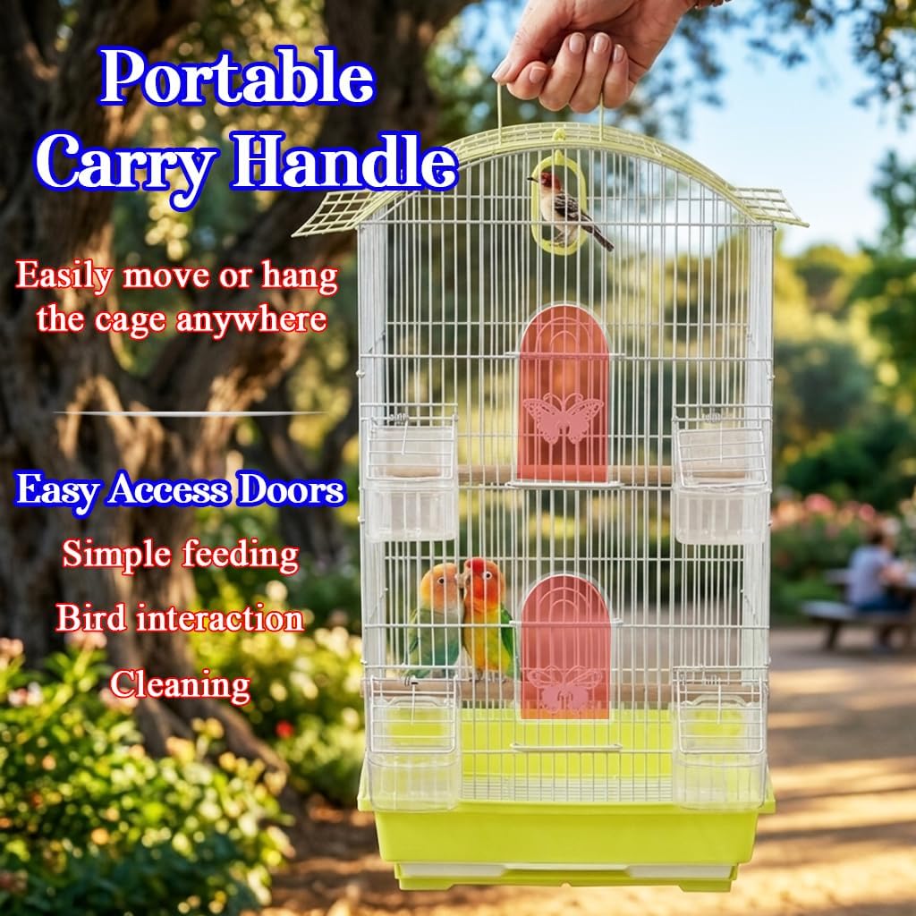 Small Bird Cage with Perches, Feeders and Swing, Ideal for Parakeets, Lovebirds, and Small Parrots, 62 cm Metal Cage with Hanging, Pull-out Tray, Portable, Durable and Top-Roof Design (Yellow)