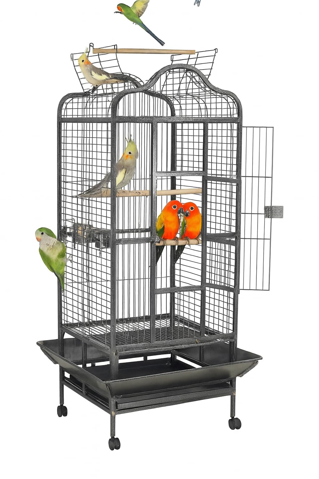 Bird Cage Large with Open-Top Design, Parrots, Parakeet, Macaw | Feeding Bowls & Wooden Perches | Removable Tray & Universal Wheels | Suitable for All Birds