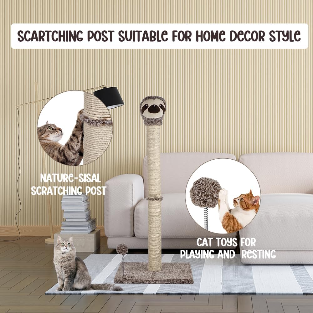Cat tree scratcher for indoor cats, Durable cat tree activity center with Warmie sloth design, Sisal scratching design, Punching ball, and Sturdy base, Cat climbing frame. Easy assembly 95 cm (Beige)