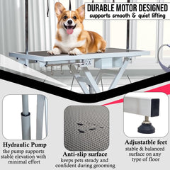 Electric Pet Grooming Table with Foot pedal, Power outlets & USB, Tool Hook and Storage, 191 cm Dog grooming station with Electric motor, Non-slip & Replaceable surface, Height adjustable (White)