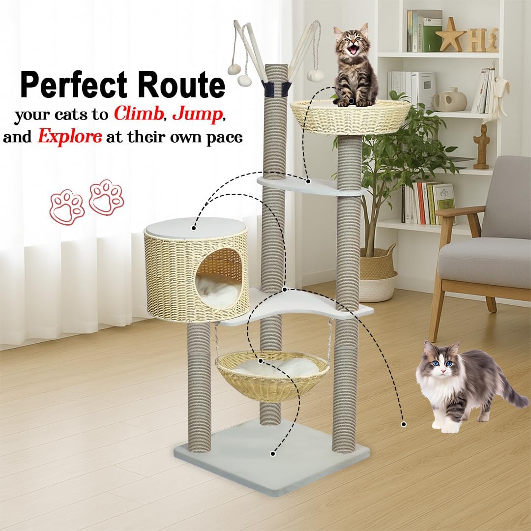 Cat tree with woven baskets, Scratching posts, Swing Hammock & Dangling balls, 148 cm Multi-level cat furniture for all cats, Large cat tower with Soft cushion, Large platforms & Condo (Beige)