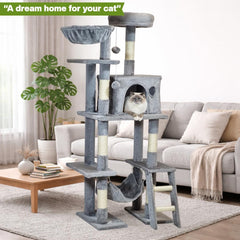 Cat tree with Padded perch, Sisal scratching post, Cozy hammock, Cat condo, and climbing ladder, Modern cat climbing tower for Indoor cats & Kittens, Easy assembly, 143 cm (Grey)
