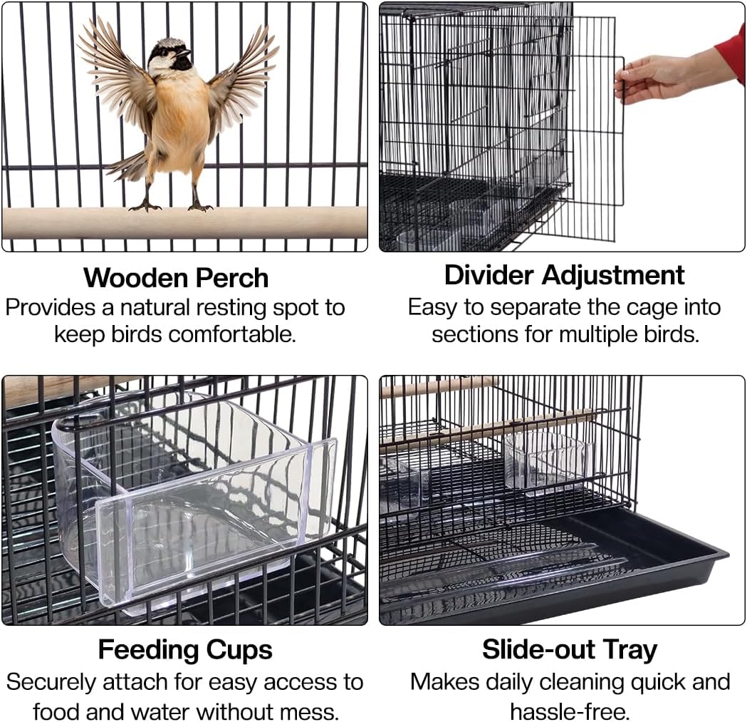 Bird cage with Divider, Wooden perch, Feeding cups, and Removable tray, Sturdy metal wire breeding bird cage for Small-sized birds, Suitable for Indoor/Outdoor use, 76 cm (Black)
