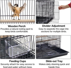 Bird cage with Divider, Wooden perch, Feeding cups, and Removable tray, Sturdy metal wire breeding bird cage for Small-sized birds, Suitable for Indoor/Outdoor use, 76 cm (Black)