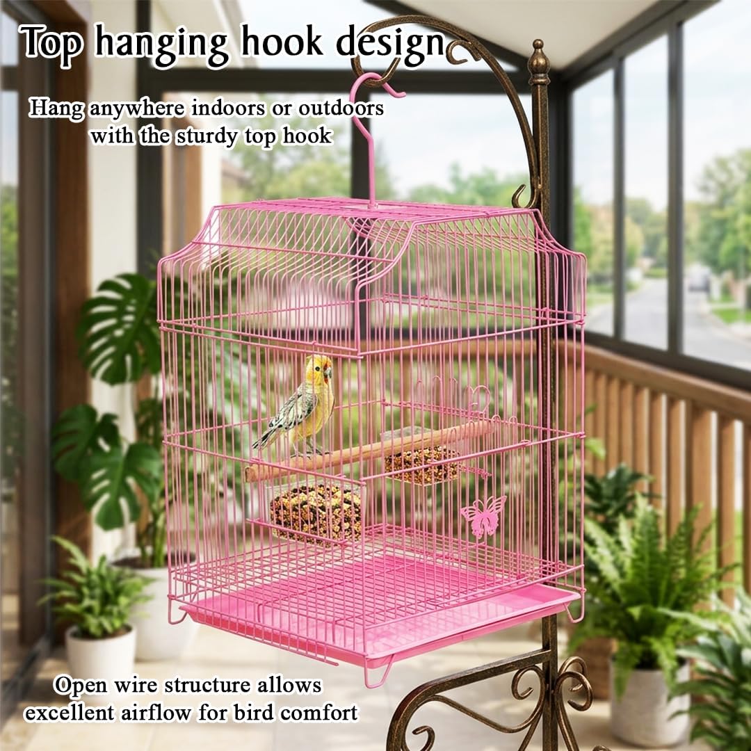 Small Bird Cage with Metal Wire, Ideal for Budgies, Small Parrots, and Parakeets, 45 cm Portable Cage for Indoor-Outdoor, Metal Bird Cage with Hanging, Bottom Tray, Perches, and Feeding Bowls, Pink