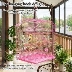 Small Bird Cage with Metal Wire, Ideal for Budgies, Small Parrots, and Parakeets, 45 cm Portable Cage for Indoor-Outdoor, Metal Bird Cage with Hanging, Bottom Tray, Perches, and Feeding Bowls, Pink
