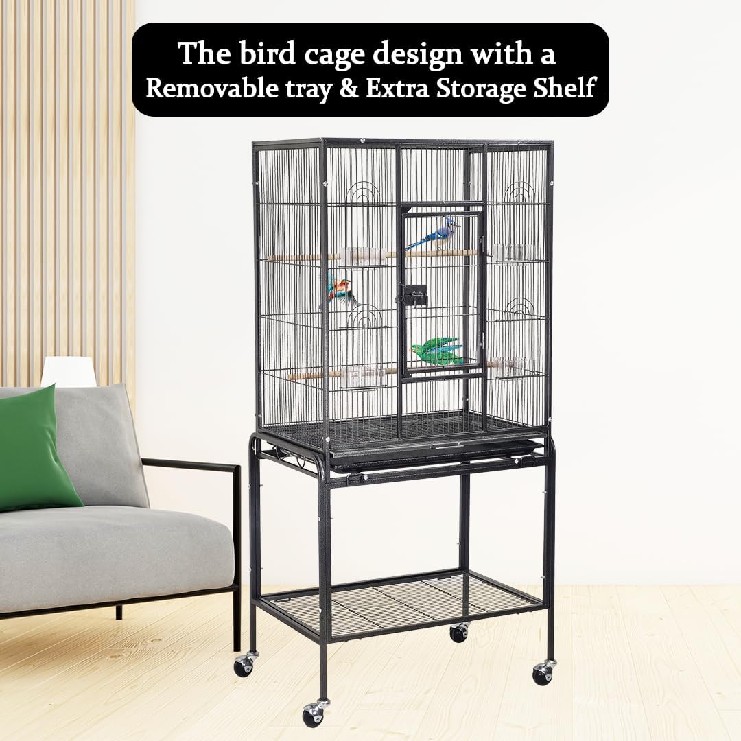 Bird Cage for Small to Medium-Sized Birds - Bird House & Parrot Cage - Detachable Rolling Stand, Wooden Perches, Feeding Cups, Slide-Out Tray, Storage Shelf, and Universal Wheels - 135 cm