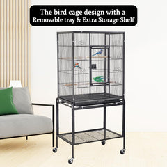 Bird Cage for Small to Medium-Sized Birds - Bird House & Parrot Cage - Detachable Rolling Stand, Wooden Perches, Feeding Cups, Slide-Out Tray, Storage Shelf, and Universal Wheels - 135 cm