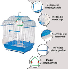 Birdcage with Portable handle, Multiple perches, Plastic feeding cups, and Removable tray, Durable metal wire bird cage for small-sized birds, Easy to assemble 51 cm (Blue)