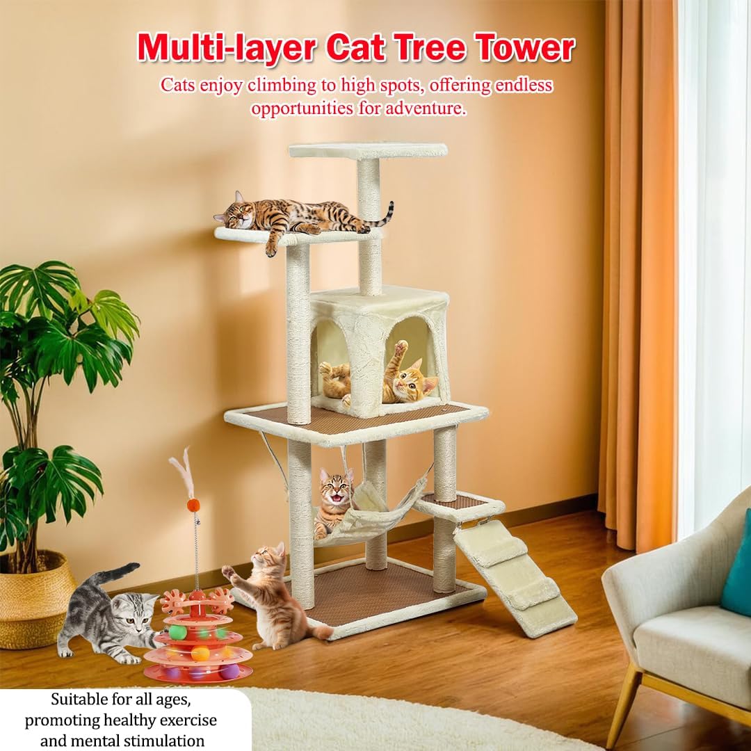 Cat Tree for Large Cats with Toy - Cat House with Padded Perch - Cozy Cat Condos & Scratching Posts - Premium Quality Multi-level Cat Tower for Indoor Cats & Kittens (Khaki, Large)