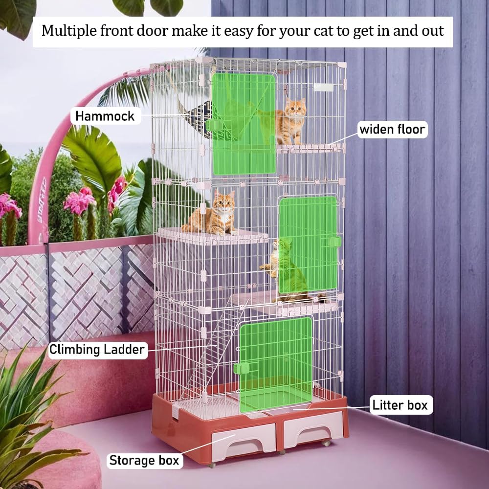 Large Cat Cage - Multi-level Cat House with Hammock, Plastic Perches, Climbing ladder, Litter Box Area and Universal wheels, 4-Tier Metal Pet Cage for Indoor Cats & Kittens 186 cm (Pink)