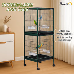 Spacious Dual Bird Cage with Durable and Vertical Design, 143 cm Parrot cage with 4 Wheels, Trays, and Wooden Perches, Partition cage for Indoor-Outdoor use, and Easy to clean (Green)