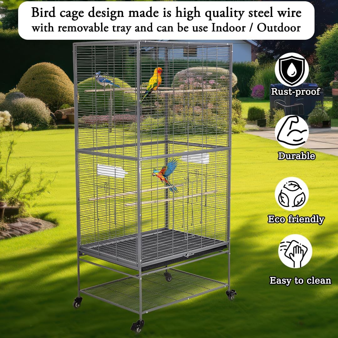 Large bird cage, Durable design and Steel wire, Removable tray and Multiple access doors, Wood perches and Food bowls, Small and medium birds, Universal wheels with brakes 168 cm (Grey)