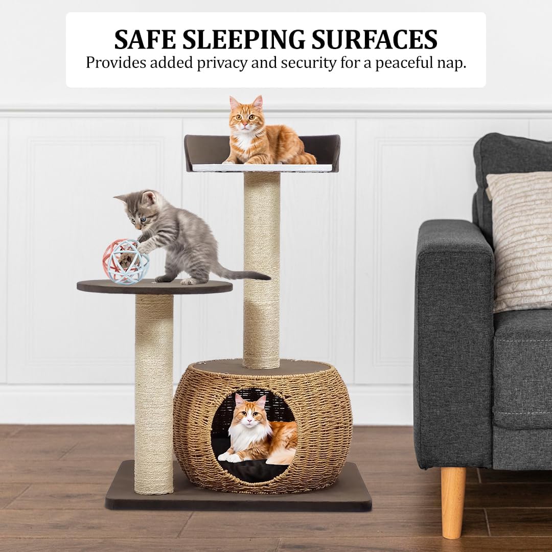Cat Tree with Double Perches - 86cm Cat Tower House with Toy - Cat Condos & Comfortable Resting Area - Natural Sisal Scratching Post - Suitable for Indoor Cats & Kittens (Brown)