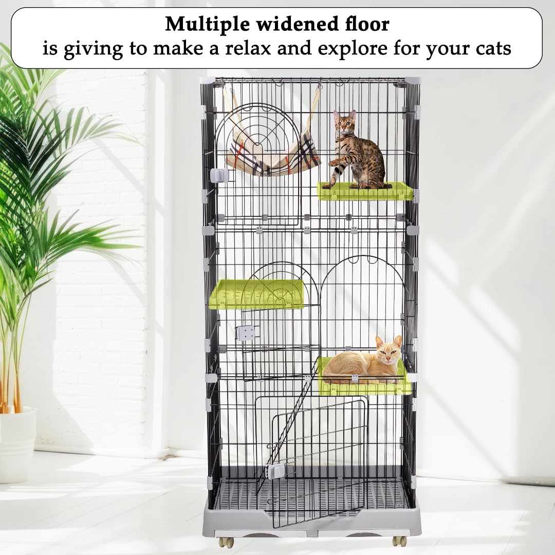 Large Cat Cage for Indoor Cats & Kittens - 3-tier Metal Wire Grey Cat House with 3 Lockable Doors, Pet Home - Cozy Hammock, Climbing ladder, Drawer Tray and Universal wheels, Easy Assembly 175 cm