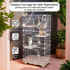 NNC PETS 3-Tier Cat Cage Indoor- Large Metal Wire Cat Crate Kennel with 3 Lockable Doors - Cozy Hammock, Climbing Ladder - Drawer Tray & Universal wheels, Easy Assembly, 145 cm  (Pink, Large)