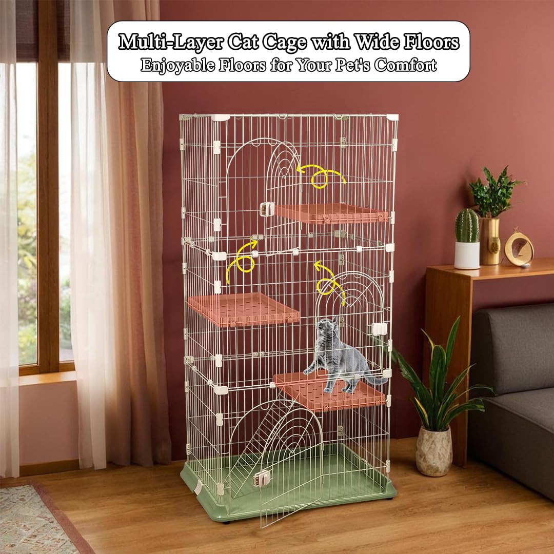 NNC PETS 3-Tier Cat Cage Playpen Kennel with Metal Wire - 162cm Large Cat Crate House - 3-lockable Doors, Wide Platforms, Climbing Ladder & Leak-Proof Base - Easy to Assemble (Green, Large)