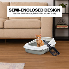 Semi-enclosed Cat litter box for Small-sized cats, Odor control plastic kitten toilet with Litter scoop, Grid design, Lightweight, and Raised fence, Detachable for easy cleaning, 37 cm (Grey)