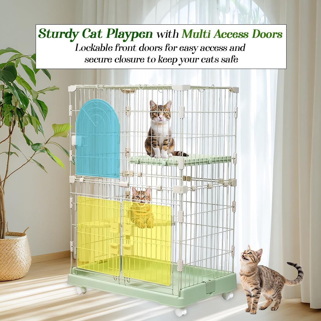 Cat Cage with Rolling Casters, Elevated Lounging Platforms, Secure Locking Doors, and Leak-Proof Base, Heavy-Duty Metal Cat Enclosure for Indoor Cats & Kittens, Easy to Assemble, 101 cm, Green