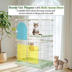 Cat Cage with Rolling Casters, Elevated Lounging Platforms, Secure Locking Doors, and Leak-Proof Base, Heavy-Duty Metal Cat Enclosure for Indoor Cats & Kittens, Easy to Assemble, 101 cm, Green