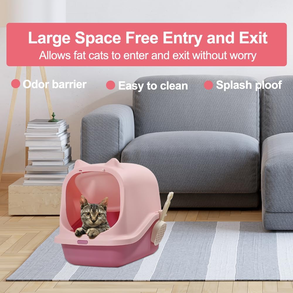 Fully-enclosed cat litter box with Durable plastic, Carrying handle, Sand filter holes, and Litter scoop, Splash-proof cat toilet for Indoor cats & kittens, Easy to clean 45 cm