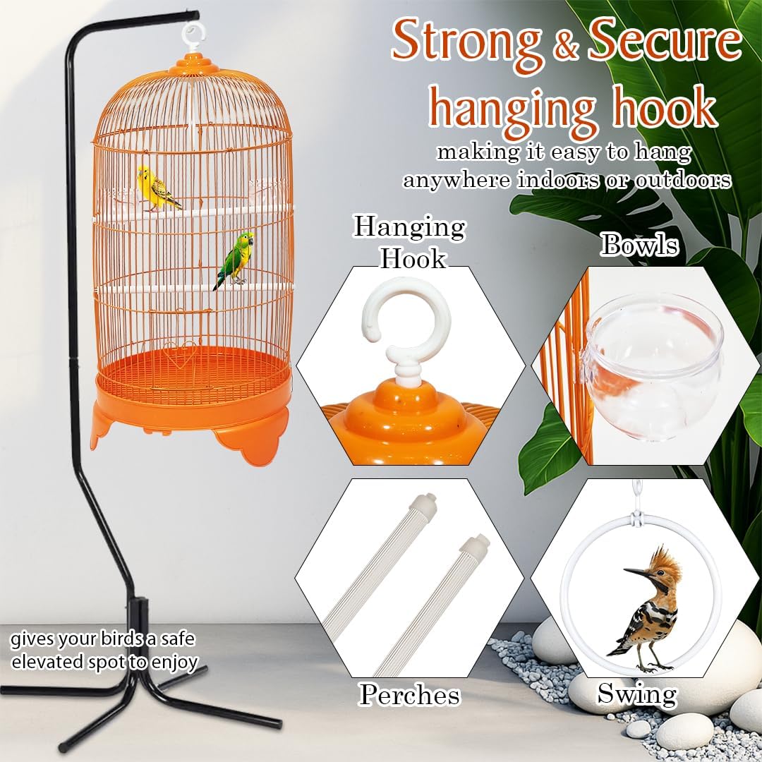 Round Bird Cage with Plastic Base, Metal Wire, Feeding Bowls, Swing, and Perches, 73 cm Travel Portable Cage for Parakeets, Canaries, and Small Birds, Indoor Outdoor Use, Convenient hook (ORANGE)
