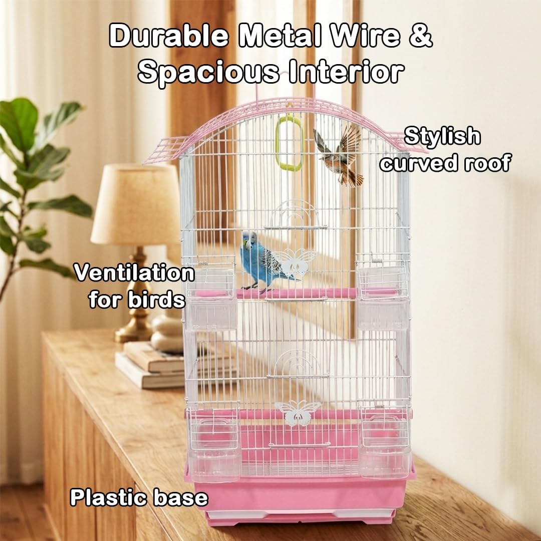 Small Bird Cage with Perches, Feeders and Swing, Ideal for Parakeets, Lovebirds, and Small Parrots, 62 cm Metal Cage with Hanging, Pull-out Tray, Portable, Durable and Top-Roof Design (Pink)