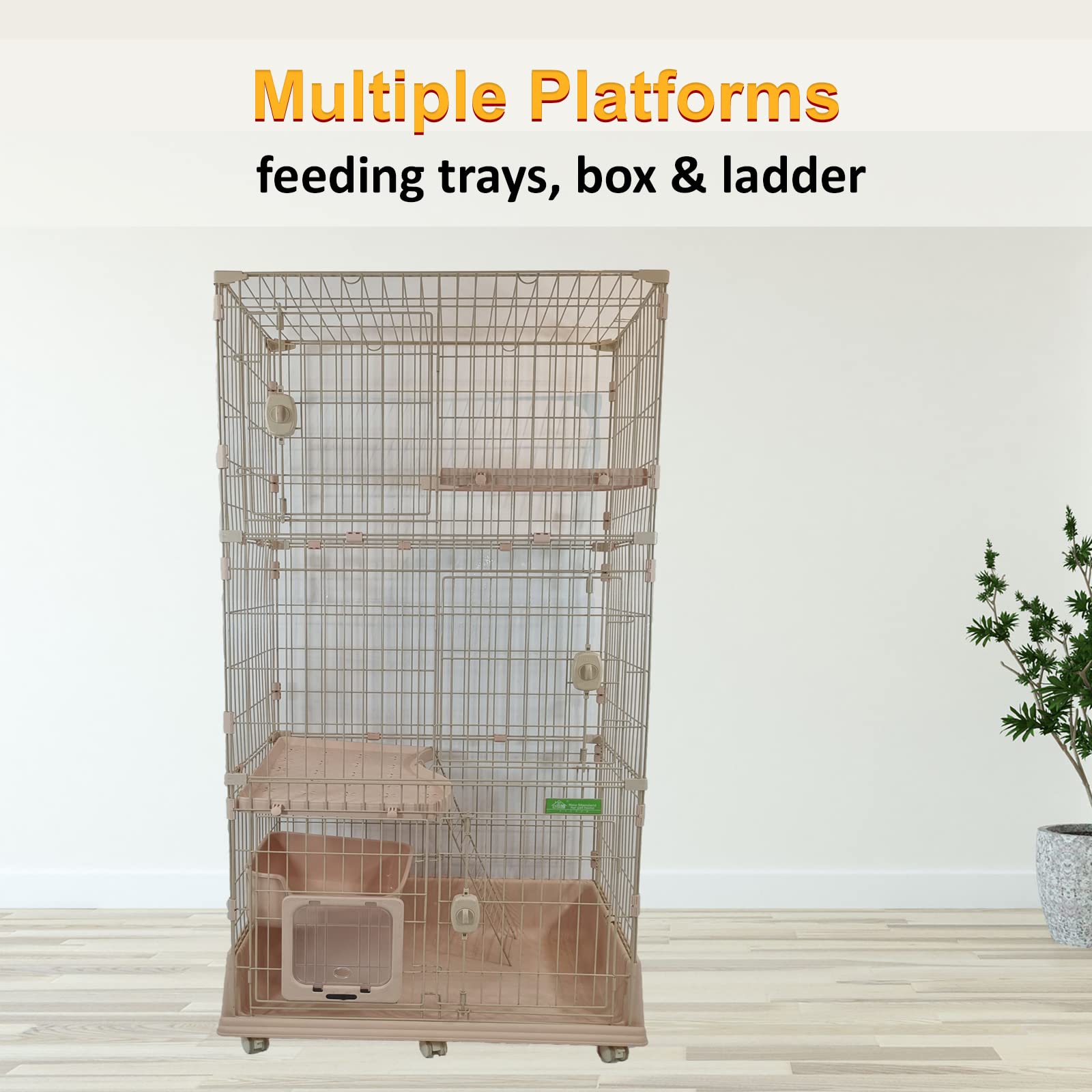 Large cat cage for Multi-cat household, 2-tier spacious cat cage with Multiple lockable doors, Climbing ladder, Food container, and Universal wheels, Ideal for Indoor/outdoor 178 cm (Pink)