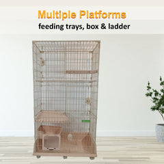 Large cat cage for Multi-cat household, 2-tier spacious cat cage with Multiple lockable doors, Climbing ladder, Food container, and Universal wheels, Ideal for Indoor/outdoor 178 cm (Pink)
