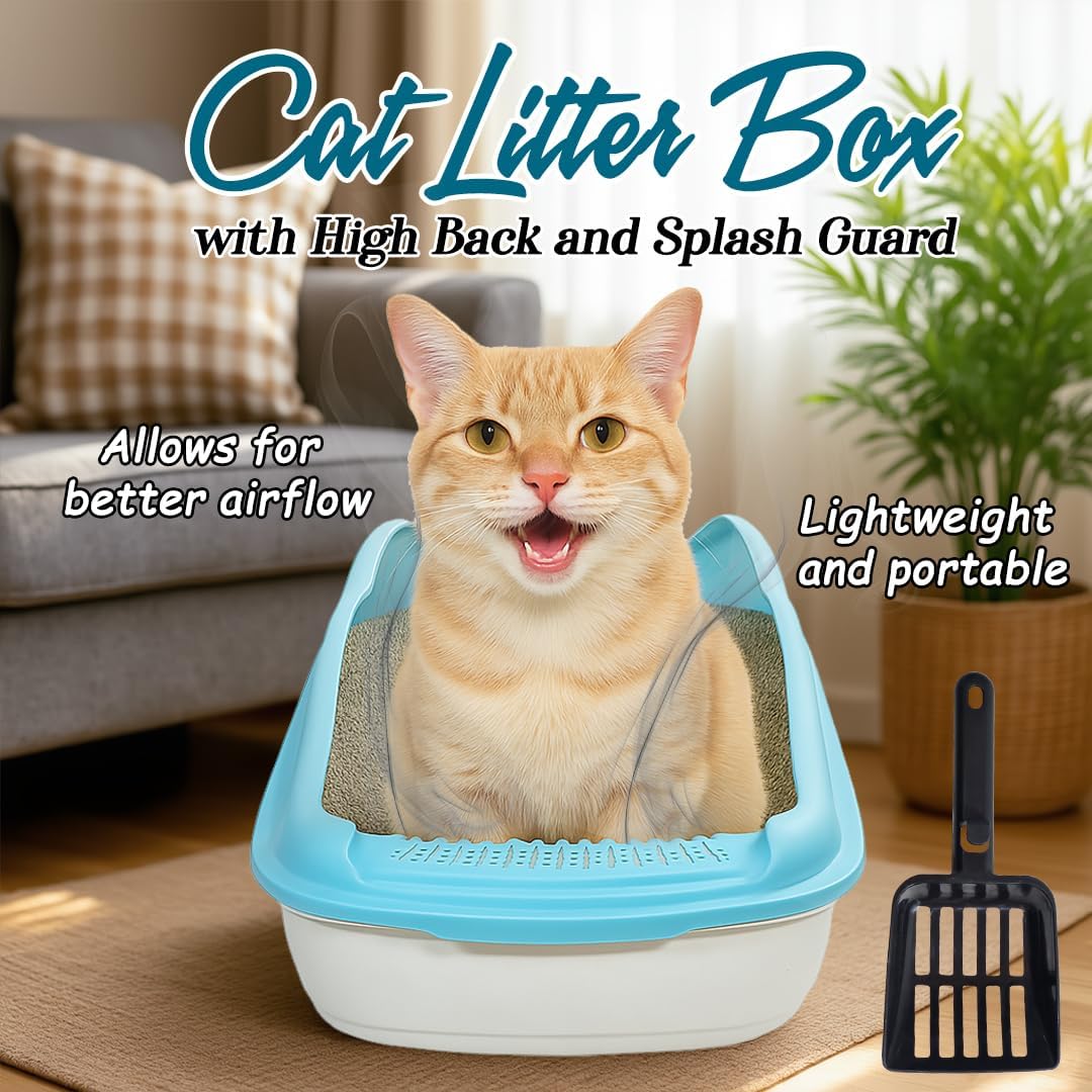 Anti-splash cat litter box with Enclosed design, Easy to clean, Durable plastic material and Removable, Cat Litter Pan with Scoop, Portable, Large size, High fence, and All size cats