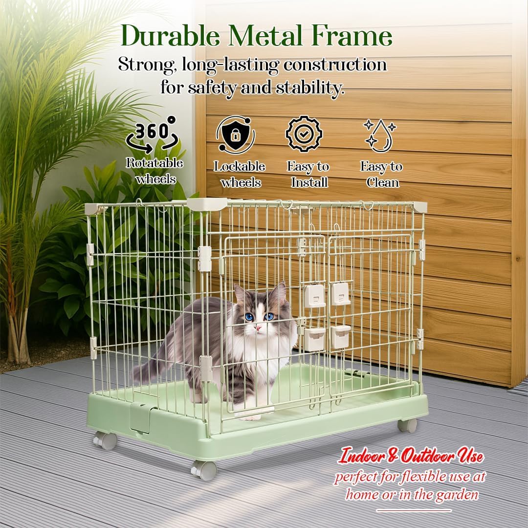 Cat Cage with Universal Wheels, Wide Main Door, Durable and Sturdy Metal Wire, 71 cm Dog Cage with Secure Lock, Easy to Assemble, Indoor-Outdoor Cat Kennel, Ideal for Small to Medium Pets, Green