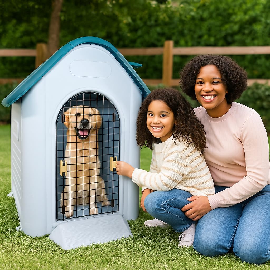 Dog House Outdoor for Small to Large Dogs | Plastic Waterproof & Weatherproof Designed Dog Home | All-Season Shelter with Air Vents, Lockable Door & Elevated Floor, Easy To Assemble (Grey, 113cm)