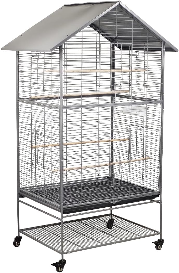 Bird cage for Medium to Large-sized birds, Durable house-roof design bird cage with Wooden perches, Feeding cups, Slide-out tray, Storage shelf, and Universal wheels 167 cm (Grey)