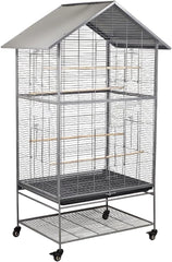 Bird cage for Medium to Large-sized birds, Durable house-roof design bird cage with Wooden perches, Feeding cups, Slide-out tray, Storage shelf, and Universal wheels 167 cm (Grey)