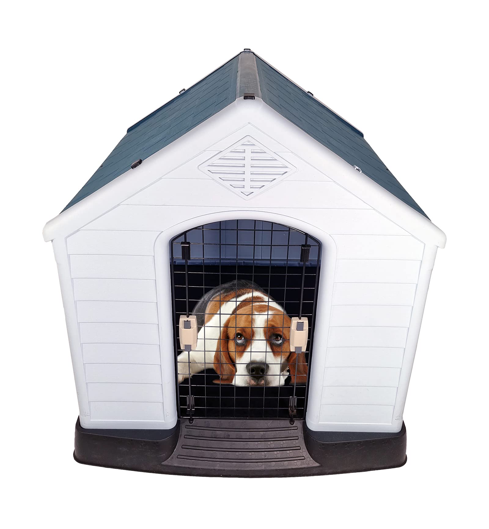 Plastic dog house with Durable PP material, Ventilation holes, Lockable door, and Raised floor, Water-proof pet shelter for medium to large breeds, Indoor/Outdoor use, Easy assembly, 100 cm (Grey)